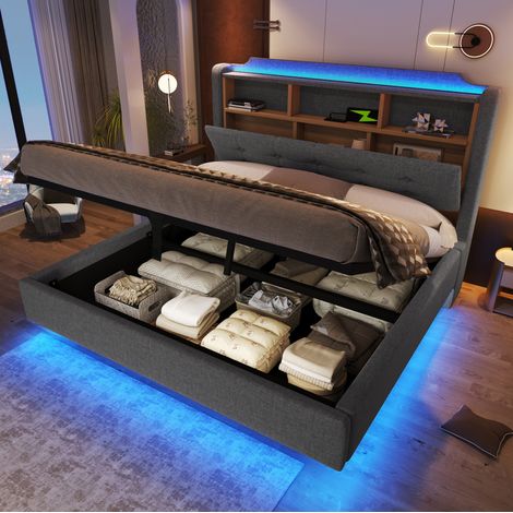 Letto imbottito 140x200 cm grigio in lino con LED, vano contenitore e porte USB-C (1/5)