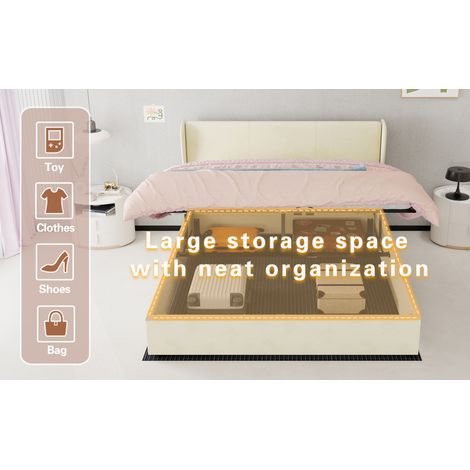 Cama doble 160x200 cm de tela beige con almacenaje, sin colchón – MEUBLIV (1/5)