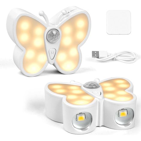 Veilleuse LED Détecteur de Mouvement, 2pcs Lampe Papillons Rechargeable USB, Magnétique Sans Fil, 3 Couleur & Réglage Luminosité,1200mAh (1/5)