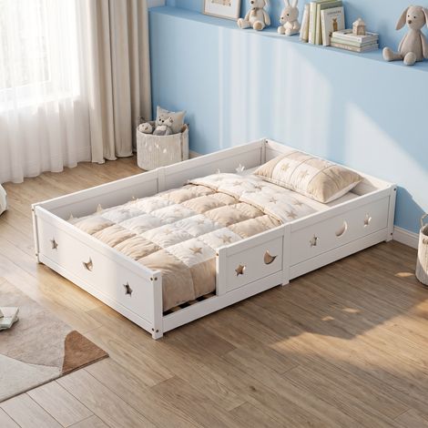 Letto singolo per bambini 140x200 cm - Lettino montessori a terra con barriera di sicurezza motivo stelle e luna in legno massello di pino bianco - Rete a doghe (1/5)