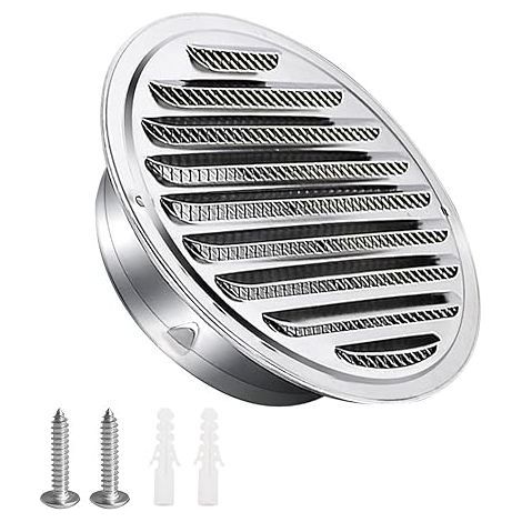 Grille d'aération en acier inoxydable 125mm avec vis et chevilles Protection contre les intempéries Lamelles avec moustiquaire et boucle Grille d'évacuation d'air ronde Visser et bride Grille (1/5)