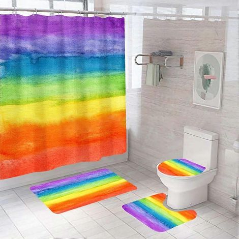 Ensemble rideau de douche et tapis de bain arc-en-ciel, 4 pièces, coloré, antidérapant et lavable. (1/4)