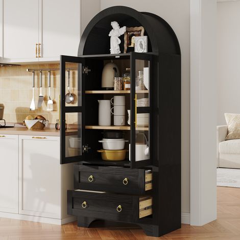 Buffet haut 76,2 x 40,1 x 180 cm avec portes en verre transparentes et tiroirs, noir OKMYHOME (1/5)