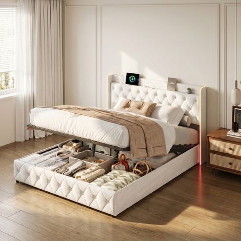 Lit coffre 160x200 cm，lit double rembourré avec sommier à lattes，hydraulique，led réglable & ports usb/type-c，velours，beige (1/5)