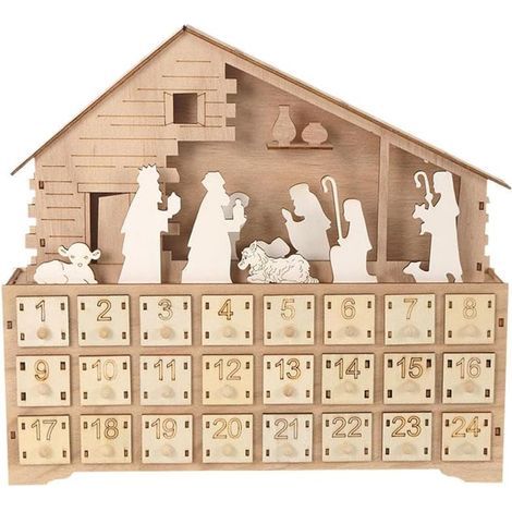 Hölzerner Adventskalender 2025 mit LED-Beleuchtung, 24 Aufbewahrungsschubladen, Countdown-Timer und 24 Dekorationen, Krippenszene (1/5)