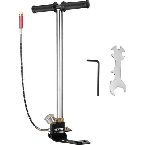 VEVOR Bomba de Aire 4.500 PSI, Inflador de Aire de Bomba con Manómetro de Alta Presión, Inflador de Bomba de Mano de Tres Etapas, Bomba de Aire de Acero Inoxidable de Bicicletas de Pie y Carretera