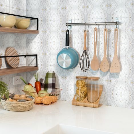 Sticker Mural Carrelage adhésif Cuisine Salle de Bain - 24 STICKERS CARRELAGES EFFET MARBRÉ DORÉ ÉLÉGANT - 24stickers10x10cm (1/5)