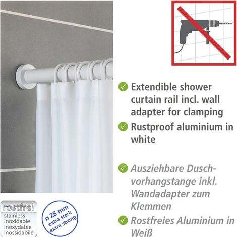 Barre de douche extensible Luz, Tringle rideau de douche télescopique avec adaptateur mural, fixation sans perçage par torsion, Alu inox - plastique, 28 mm x 70-115cm, Blanc