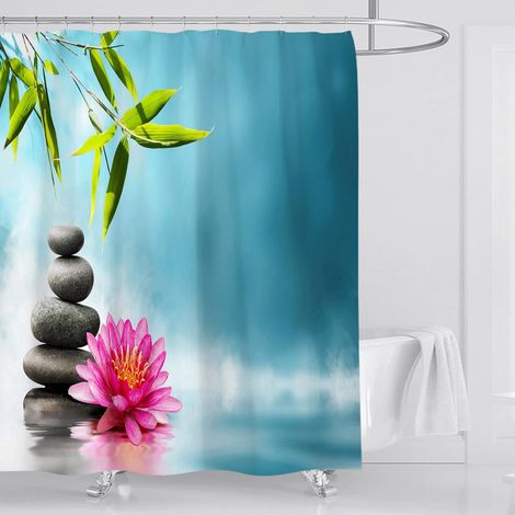 Rideau de Douche Anti Moisissure Galet Zen Imprimé Rideau Douche Tissu Imperméable Polyester 200x200 cm 3D Orchidee Bambou Rideaux de Douche Baignoire Lavable Machine avec Crochets Bleu (1/5)