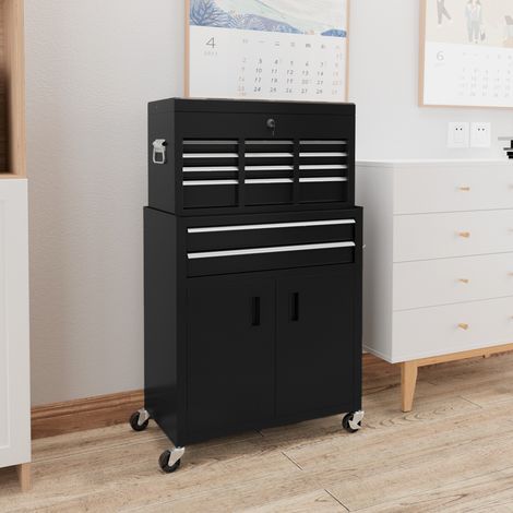 Chariot à outils avec coffre de rangement supérieur, 6 tiroirs, armoire verrouillable, 4 crochets pour garage ou maison, noir (1/5)