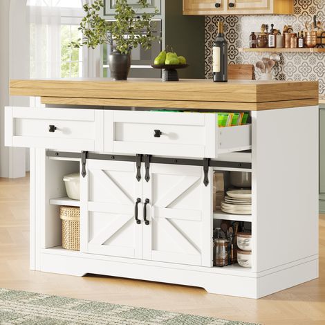 Isola cucina allungabile 2 in 1 bianca in MDF con credenza laterale e ante scorrevoli OKWISH (1/5)