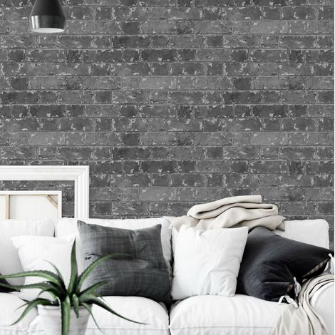 Rustic Black House Brick Effect Realistic Mural Feature Wallpaper Metallic (1/4)