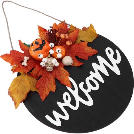 Panneau de porte rond en bois, style ferme, à suspendre à la porte d'entrée. Décorations pour Halloween et Noël. Motif : squelette en feuille d'érable. (1/5)
