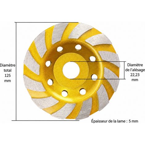 Disque boisseau diamanté 125 mm pour meuleuse d'angle, ponçage béton et pierre 125 369.3 22.23 8 40 × 30 × 20 cm 369 g – Livraison gratuite