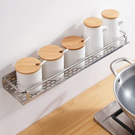 Étagère à épices métallique grise 40 cm, fixation adhésive sans perçage pour placard, support mural autocollant pour cuisine, étagère avec rebord, colle résistante (1/4)