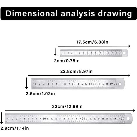 3-teiliges Edelstahllineal, Präzisions-Lineal aus Metall, gerades Lineal-Set, 15 cm (6 Zoll), 20 cm (8 Zoll), 30 cm (12 Zoll), silbernes Edelstahllineal