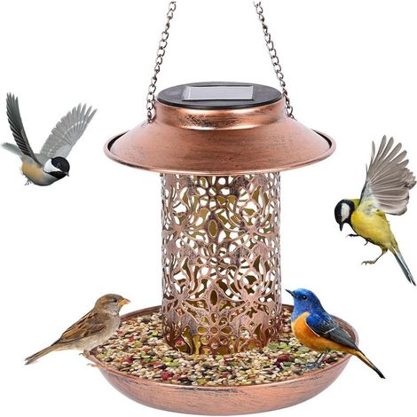 Mangeoire solaire pour oiseaux, mangeoire en métal, à énergie solaire, mangeoire suspendue, mangeoire pour oiseaux pour jardin, cour, terrasse, décoration extérieure