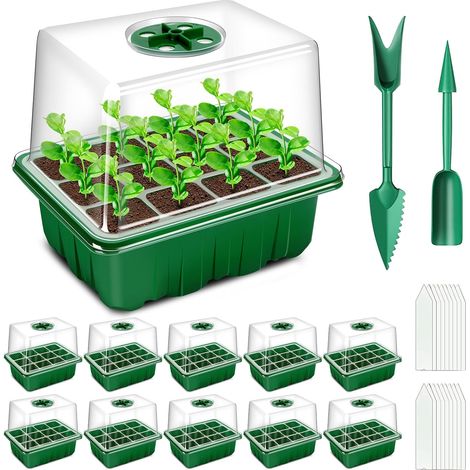Setzlingsschalen, 10 120-Zellen-Growboxen mit erhöhtem Deckel, verstärkte Setzlingsschalen, Growboxen mit verstellbarem Fenster für Gewächshäuser und Gärten, 10 Etiketten, 2 Werkzeuge (1/5)