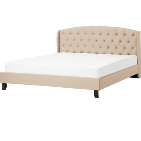 Cama doble tapizada beige 180 x 200 cm con somier y cabecero acolchado Bordeaux