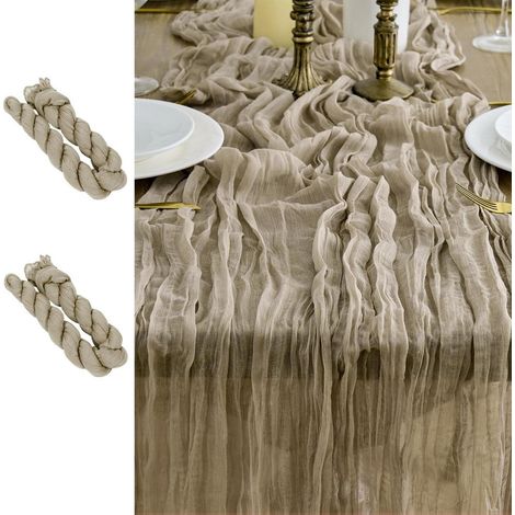 2er Set Tischläufer Gaze Stoff 90x300cm Braun Boho Rustikal für Deko