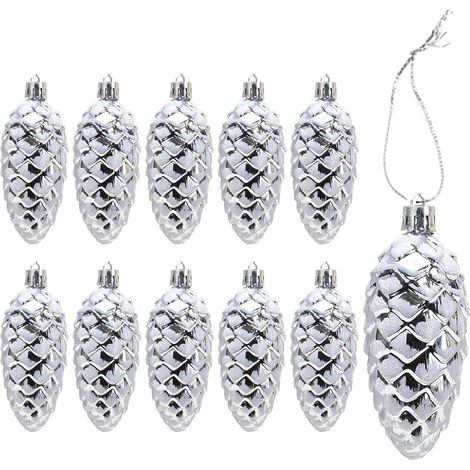 10 Pcs Grosses Boules de Noel Argenté à Suspendre - Pomme de Pin Sapin Noël - à Paillettes - Décoration Sapin de Noël (Argent) (1/5)
