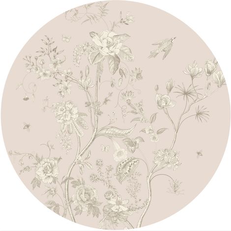 Papier peint intissé auto-adhésif rond thème fleurs blanches et fond rose - 70 x 70 cm (1/5)