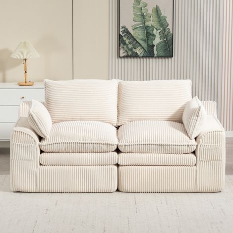 Divano 2 posti 191x94x85 cm beige in corduroy con tasche laterali e cuscini inclusi