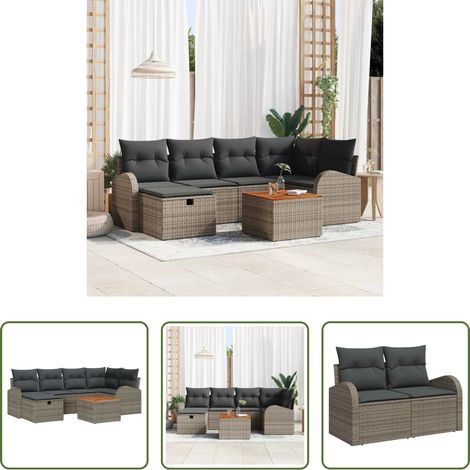 Gartentisch -  Gartensofa-set mit Kissen mit Speicher 7 pcs Grau Poly Rattan (1/5)