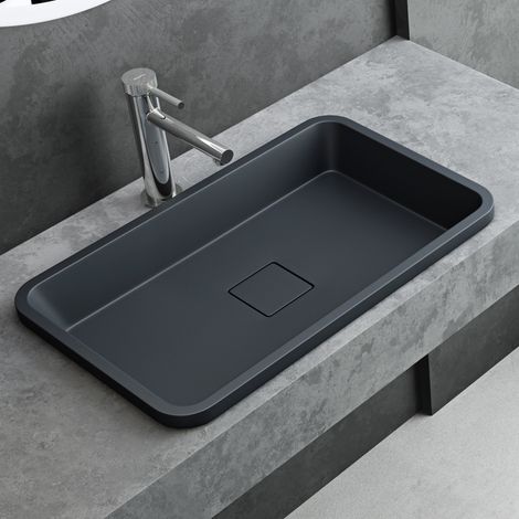 Mai & Mai Vasque à Encastrer Gris Noir Mat Rectangulaire 60cm Lavabo Salle de Bain Évier Lave Mains avec Cache Bonde Col104