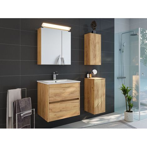 Badmöbelset Taifun 60cm 4tlg mit Spiegelschrank und 2x Badschrank eiche gold