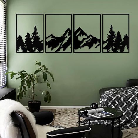 Set di 4 grandi decorazioni murali a forma di montagna in metallo nero – Sculture verticali da parete per casa, soggiorno, camera da letto