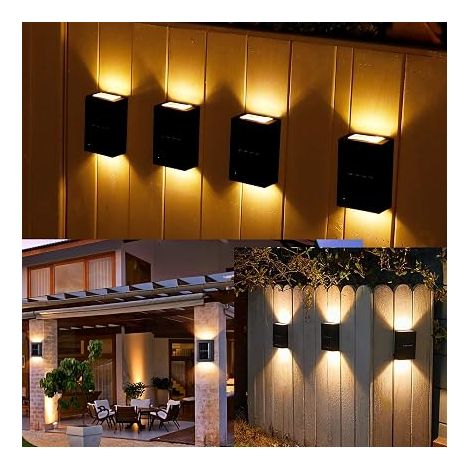 Lot de 4 lampes solaires, LED extérieure étanche IP65 marche/arrêt automatique, lampe murale solaire extérieure pour escaliers extérieurs cour, blanc chaud 20240201TUN (1/5)