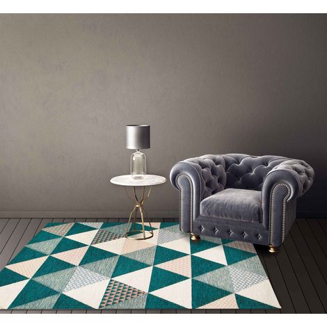 Tappeto Arredo Moderno Morbido in Ciniglia Ingresso Antiscivolo Prodotto Italiano Soggiorno Camera Salotto Disegni Piazzati Cotone Varie Misure Grande Triangoli Petrolio - 65x115Cm (1/5)
