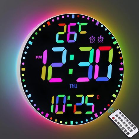 Horloge murale numérique de 30,5 cm, grande horloge murale LED, horloge murale avec 12 couleurs RVB et télécommande, grand écran LED 2025 avec température, date, semaine, luminosité réglable (1/5)