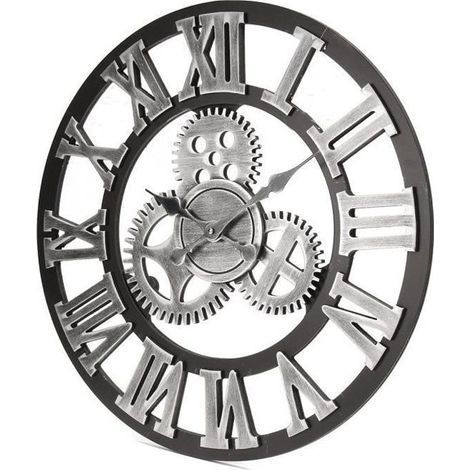 (Argenté)Horloge Murale Vintage en Bois 60cm - Argenté - Style Rétro 3D Engrenage en Métal (1/2)