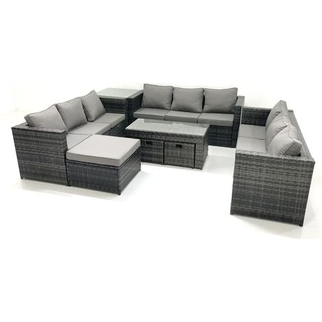 Fimous Outdoor Garden Furniture Set 8 Pieces Rattan Sofa Set with Coffee Table 3 Footstools Side Table Dark Grey Mixed (1/5)