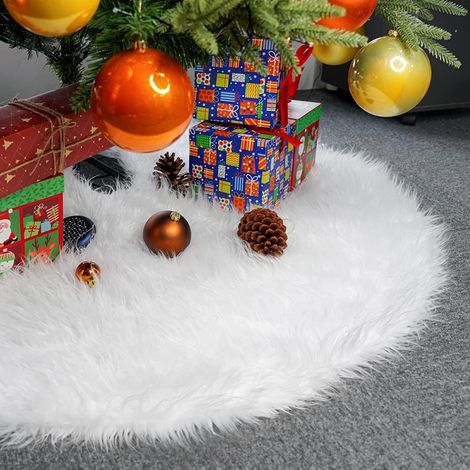 Falda para árbol de Navidad, 120 cm/47 pulgadas, falda para árbol de Navidad de piel sintética, decoración navideña, adorno navideño, blanco. (1/4)
