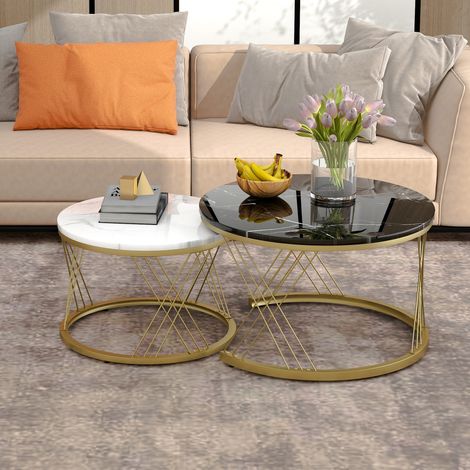 Table basse gigogne ronde motif marbre noir MDF OKMYHOME (1/5)