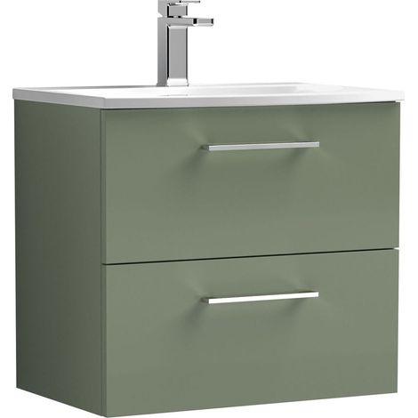 Balterley  Modern Bathroom 2 Soft Close Drawer Wall Hung Vanity Unit & Curved Basin, Satin Green, 600 mm