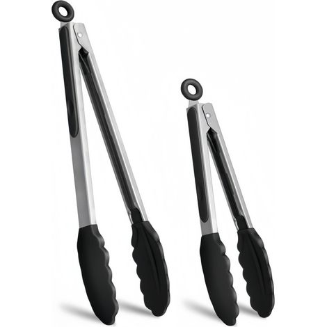 Dos juegos de pinzas de cocina negras - hechas de silicona de alta calidad - acero inoxidable antiadherente - pinzas para alimentos con cierre - para barbacoa - 9 pulgadas (1/5)