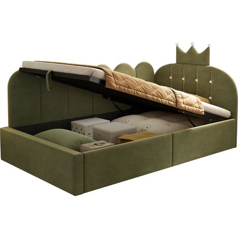 Lit capitonné jour 90x200, banquette avec coffre hydraulique, lit invité en L velours vert design couronne, sans matelas (1/5)