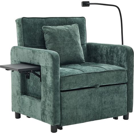 Fauteuil convertible 2 en 1, canapé-lit une place, fauteuil en chenille (avec coussin et poches latérales), avec petite table d’un côté et sac de rangement de l’autre côté Vert (1/5)