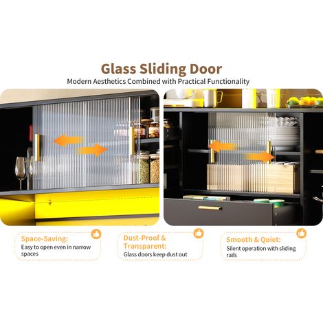 Buffet noir brillant en MDF et métal 180 cm avec LED, portes vitrées coulissantes et panneau perforé pour cuisine, repas et salon (1/5)