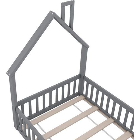 Lit enfant - 90 x 200 cm - Forme de cheminée - Barrières de sécurité - Bois massif gris (1/5)