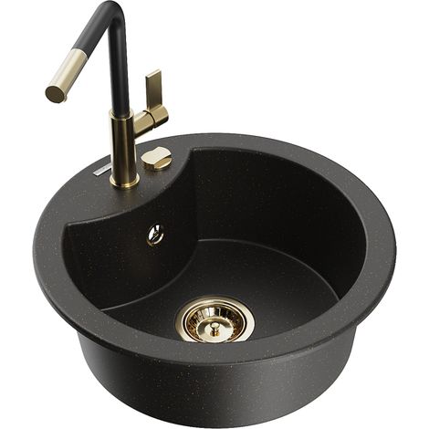 Mexen Diego fregadero de granito de 1 cubeta con grifo de cocina Flora, negro/dorado met谩lico - 6512-75-670401-57-G (1/5)