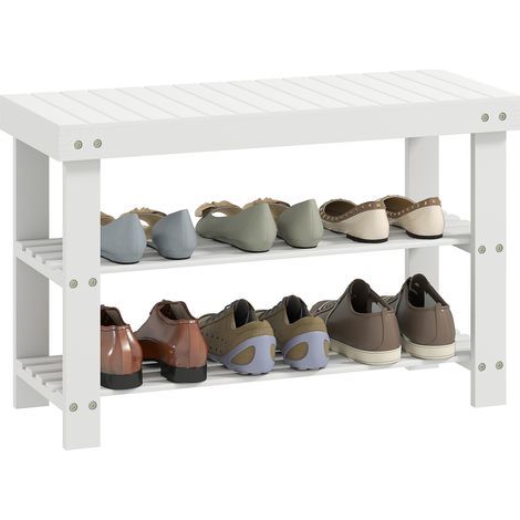 Banc à chaussures en bambou, étagère à chaussures à 3 niveaux, style scandinave, charge 136 Kg, 70 x 28 x 45 cm, blanc (1/5)