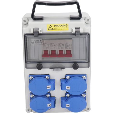 Distributeur de courant portable étanche d'extérieur avec disjoncteur, 4 prises 16 A, 200-250 V, pour jardin et cour. (1/5)