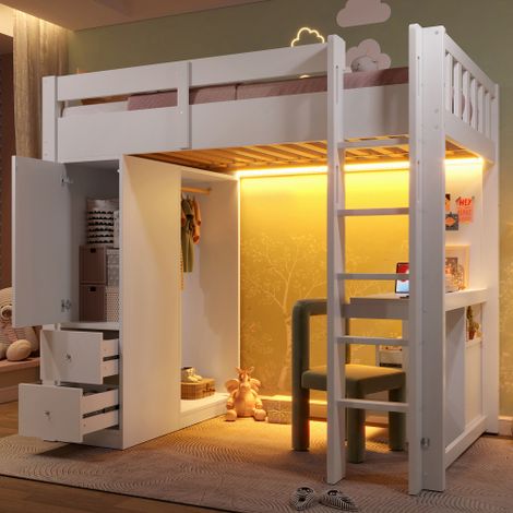 Cama altillo infantil de 90x200 cm con 4 cajones y 1 armario de almacenamiento, escritorio, armario abierto, iluminación LED y puerto USB, sin colchón, blanco (1/5)