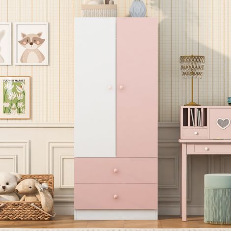 Armoire 70x40x170 cm, 1 porte avec penderie et 2 tiroirs de rangement, meuble de rangement en bois rose (1/5)