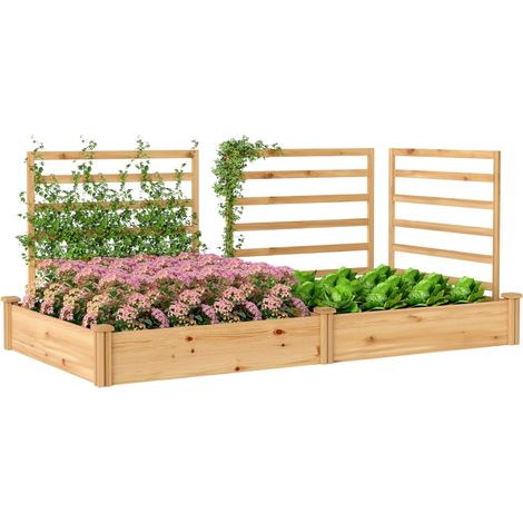 Bac à planter surélevé en bois naturel 240×125×102 cm, avec treillis pour plantes grimpantes, 3 cloisons séparatrices et fond ouvert